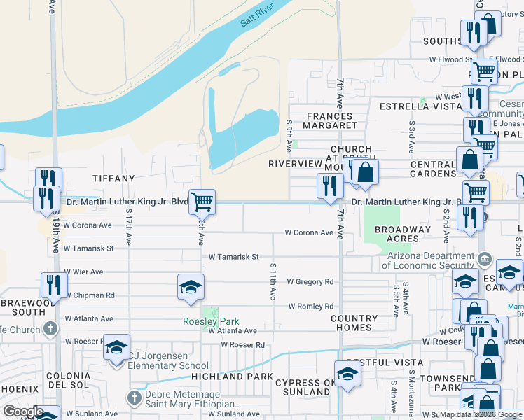 map of restaurants, bars, coffee shops, grocery stores, and more near in Phoenix