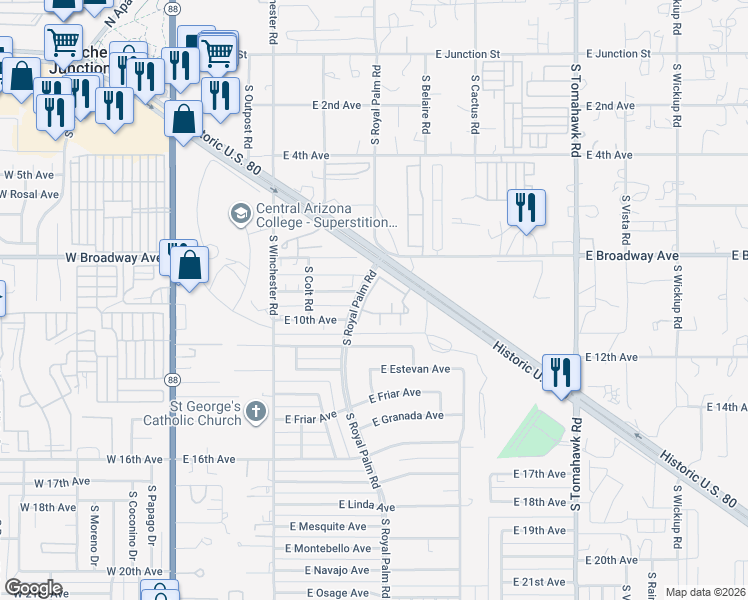 map of restaurants, bars, coffee shops, grocery stores, and more near 975 South Royal Palm Road in Apache Junction