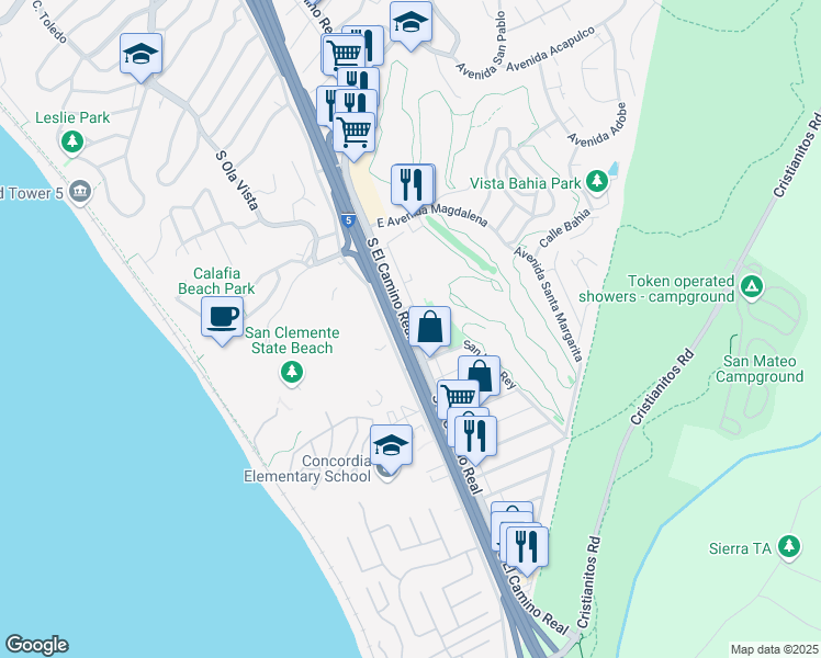 map of restaurants, bars, coffee shops, grocery stores, and more near 2719 S El Camino Real in San Clemente