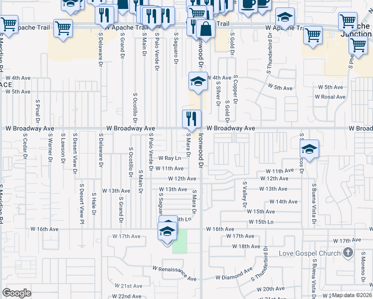 map of restaurants, bars, coffee shops, grocery stores, and more near 1010 South Mara Drive in Apache Junction