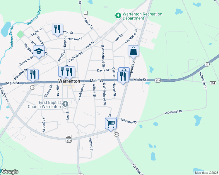 map of restaurants, bars, coffee shops, grocery stores, and more near 100-198 Hubert Street in Warrenton