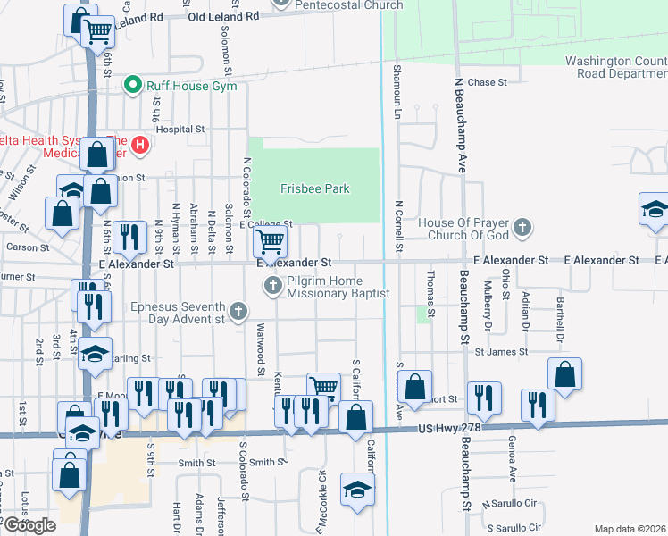 map of restaurants, bars, coffee shops, grocery stores, and more near 2025 East Alexander Street in Greenville