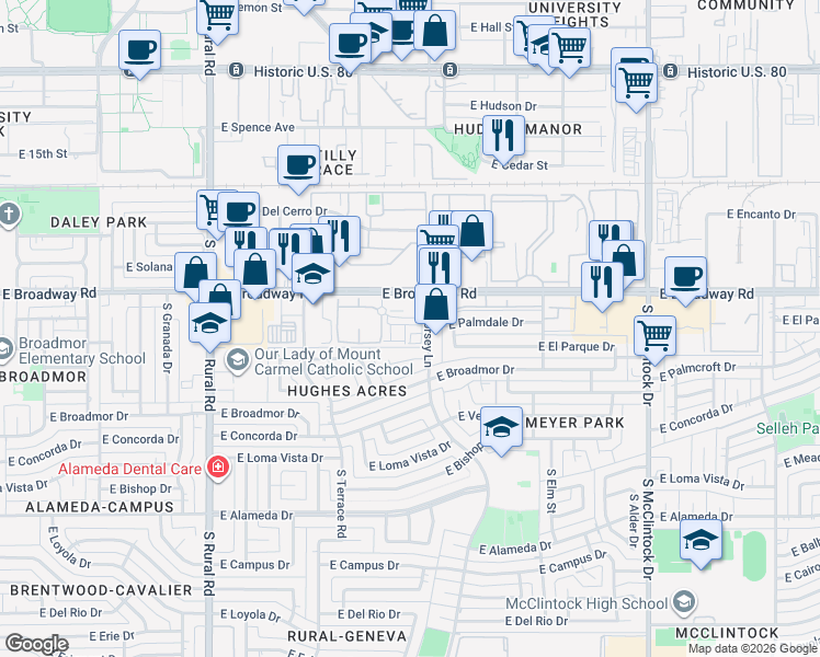 map of restaurants, bars, coffee shops, grocery stores, and more near 2090 South Dorsey Lane in Tempe