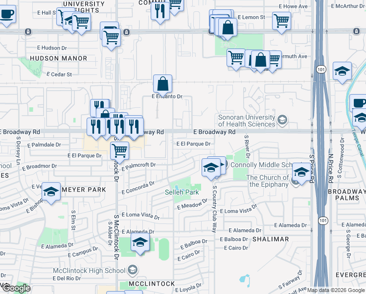 map of restaurants, bars, coffee shops, grocery stores, and more near 1917 East El Parque Drive in Tempe