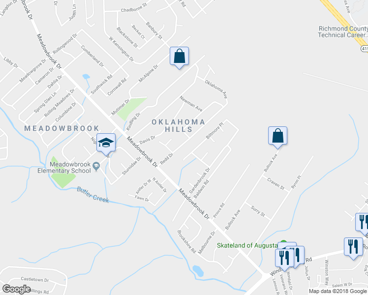 map of restaurants, bars, coffee shops, grocery stores, and more near 3536 Redd Drive in Augusta