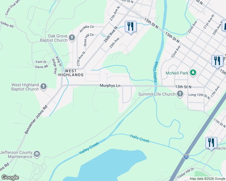 map of restaurants, bars, coffee shops, grocery stores, and more near 414 Murphys Lane in Bessemer