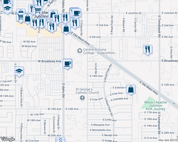 map of restaurants, bars, coffee shops, grocery stores, and more near 425 East 9th Avenue in Apache Junction