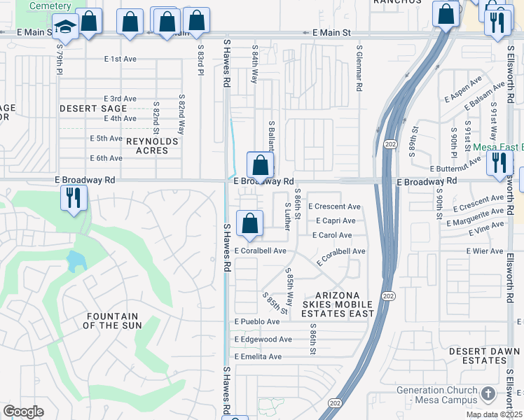 map of restaurants, bars, coffee shops, grocery stores, and more near 451 South Hawes Road in Mesa