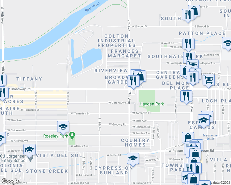 map of restaurants, bars, coffee shops, grocery stores, and more near 741 West Broadway Road in Phoenix