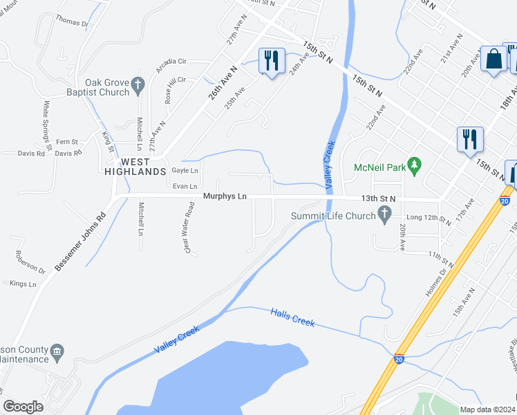 map of restaurants, bars, coffee shops, grocery stores, and more near 103 Greenridge Road in Bessemer