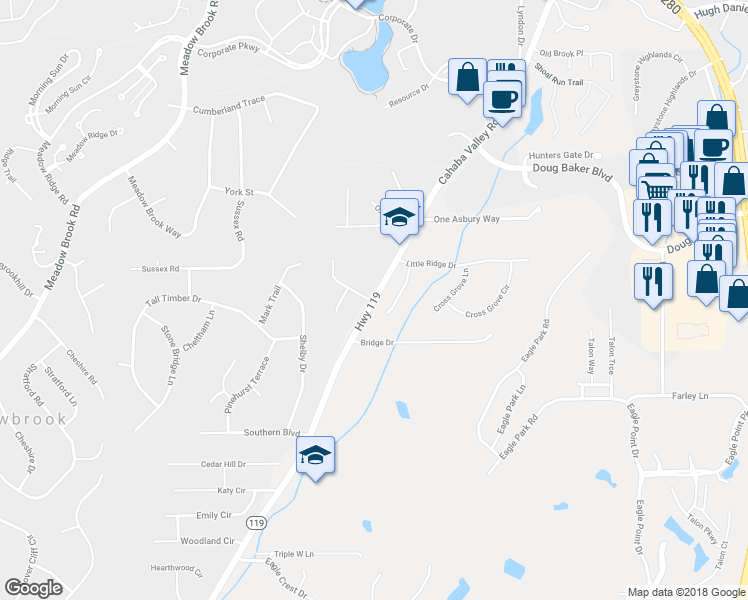 map of restaurants, bars, coffee shops, grocery stores, and more near 6549 Cahaba Valley Road in Birmingham