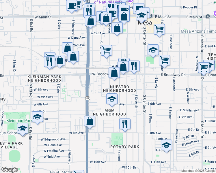 map of restaurants, bars, coffee shops, grocery stores, and more near 442 South Robson in Mesa