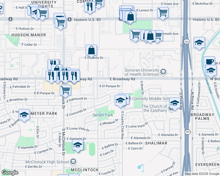 map of restaurants, bars, coffee shops, grocery stores, and more near 1917 East El Parque Drive in Tempe