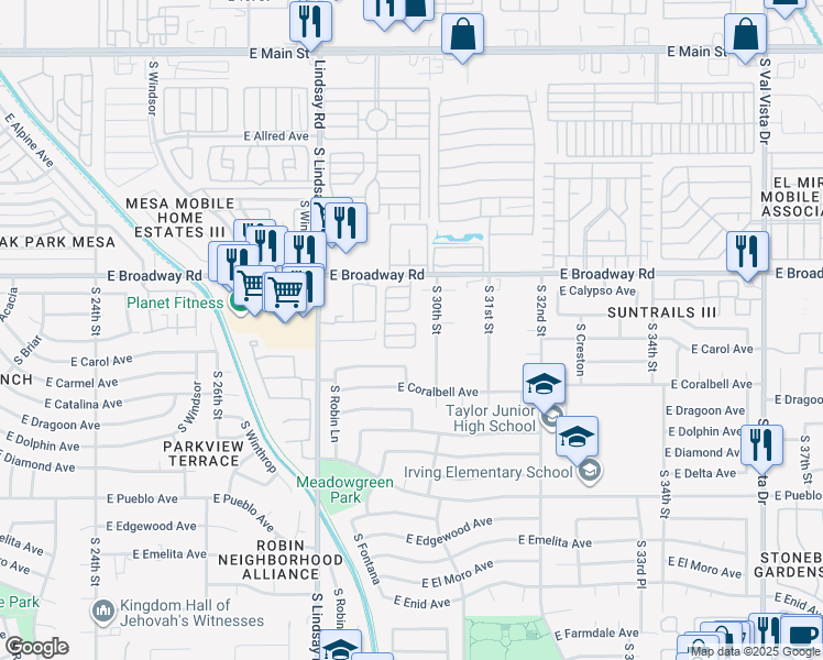 map of restaurants, bars, coffee shops, grocery stores, and more near 2929 East Broadway Road in Mesa
