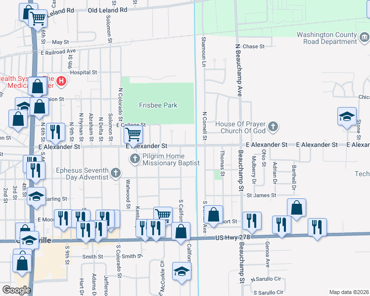 map of restaurants, bars, coffee shops, grocery stores, and more near 2111 East Alexander Street in Greenville