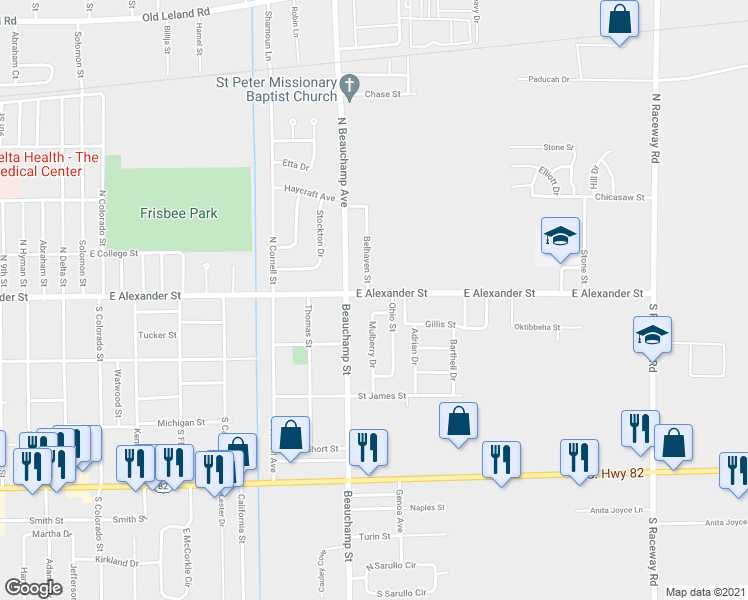 map of restaurants, bars, coffee shops, grocery stores, and more near 2411 East Alexander Street in Greenville