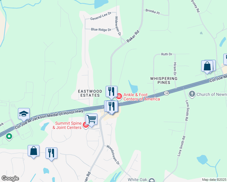 map of restaurants, bars, coffee shops, grocery stores, and more near 10 General Longstreet Line in Newnan