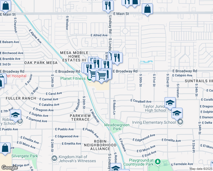 map of restaurants, bars, coffee shops, grocery stores, and more near 2753 East Broadway Road in Mesa