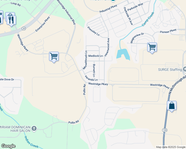 map of restaurants, bars, coffee shops, grocery stores, and more near 2322 Burnett Lane in McDonough