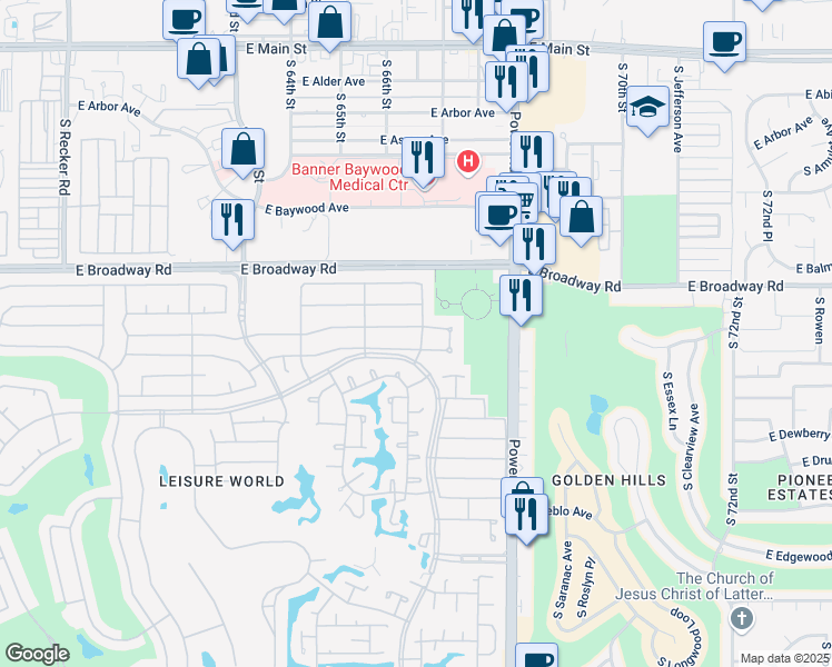 map of restaurants, bars, coffee shops, grocery stores, and more near 955 Leisure World in Mesa