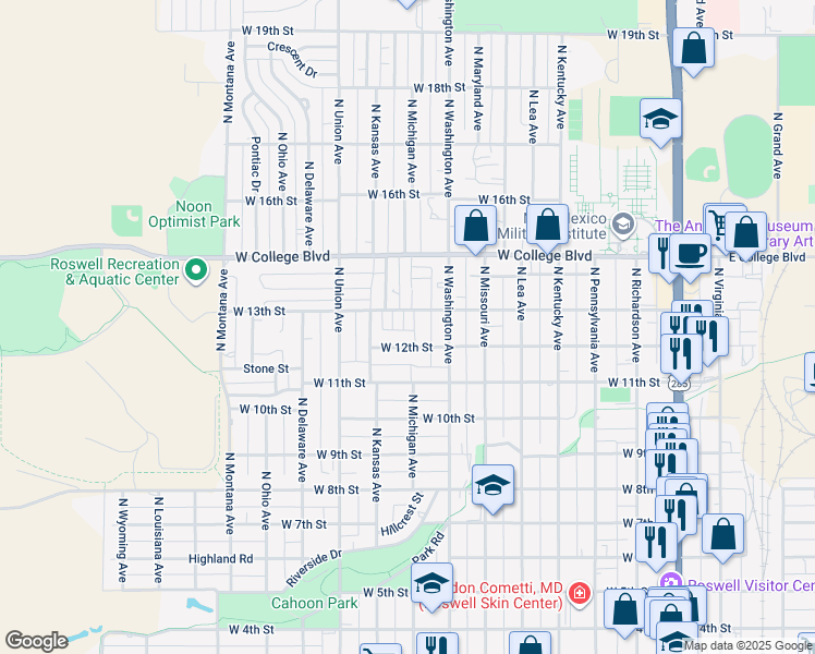 map of restaurants, bars, coffee shops, grocery stores, and more near 1200 North Michigan Avenue in Roswell