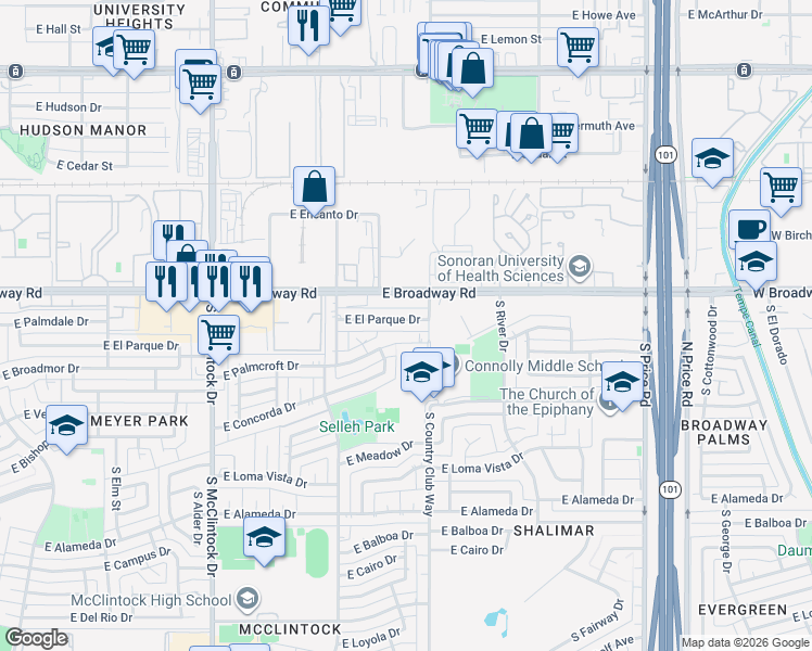 map of restaurants, bars, coffee shops, grocery stores, and more near 1959 East El Parque Drive in Tempe