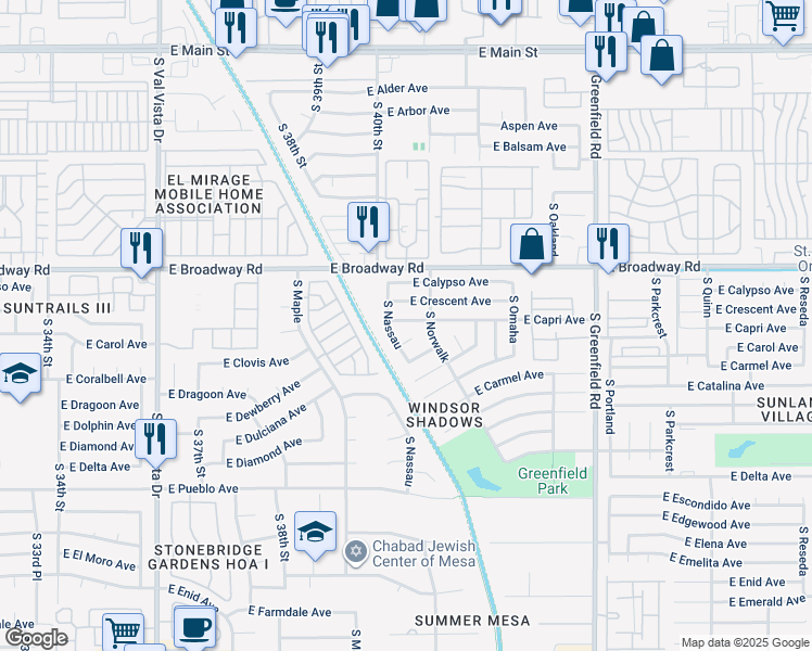 map of restaurants, bars, coffee shops, grocery stores, and more near 4031 East Capri Avenue in Mesa