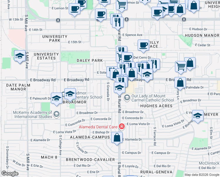 map of restaurants, bars, coffee shops, grocery stores, and more near 2014 South Rural Road in Tempe