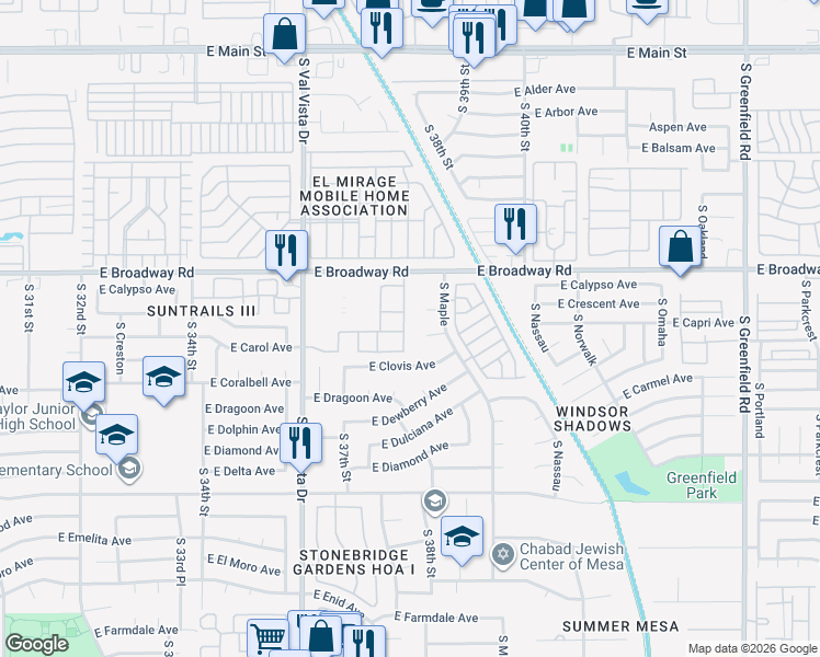 map of restaurants, bars, coffee shops, grocery stores, and more near South Val Vista Villas in Mesa