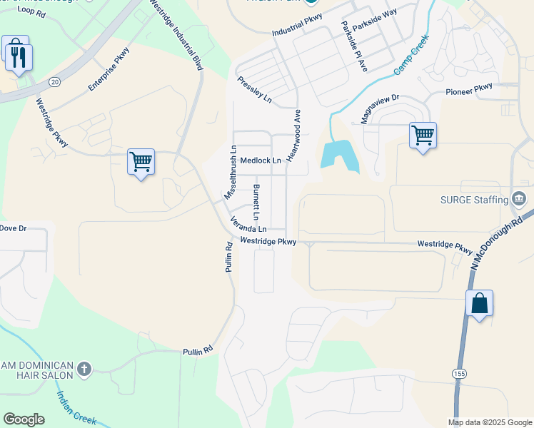 map of restaurants, bars, coffee shops, grocery stores, and more near 2322 Burnett Lane in McDonough