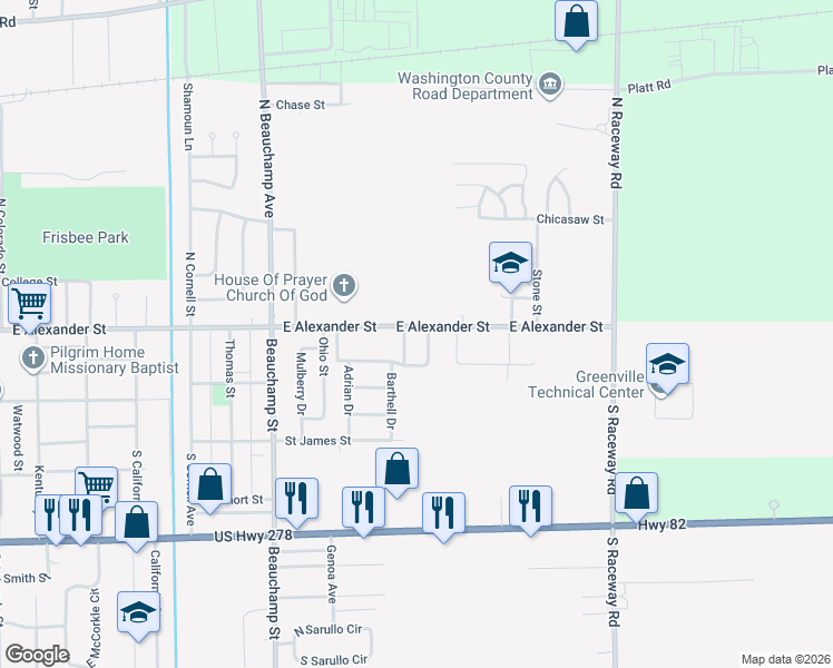 map of restaurants, bars, coffee shops, grocery stores, and more near 2673 East Alexander Street in Greenville