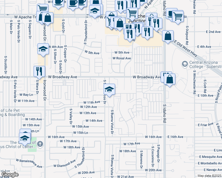 map of restaurants, bars, coffee shops, grocery stores, and more near 901 South Buena Vista Drive in Apache Junction