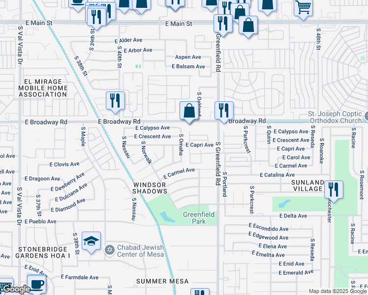map of restaurants, bars, coffee shops, grocery stores, and more near 507 South Omaha in Mesa