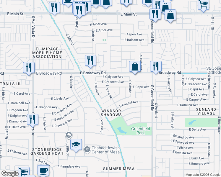 map of restaurants, bars, coffee shops, grocery stores, and more near 4113 East Capri Avenue in Mesa