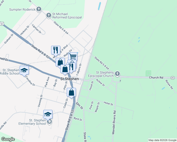 map of restaurants, bars, coffee shops, grocery stores, and more near 1192 North Main Street in Saint Stephen