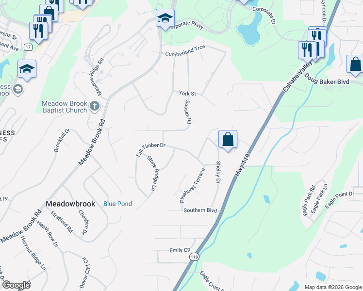 map of restaurants, bars, coffee shops, grocery stores, and more near 3661 Tall Timber Drive in Birmingham