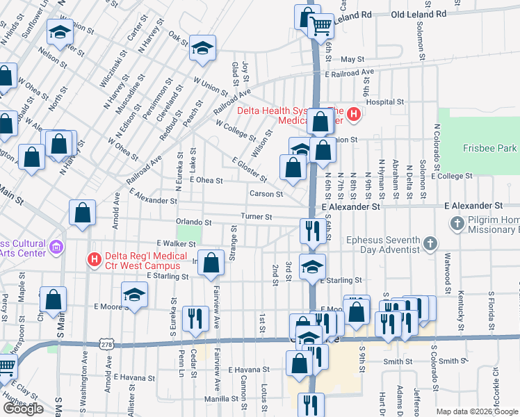 map of restaurants, bars, coffee shops, grocery stores, and more near 625 East Alexander Street in Greenville