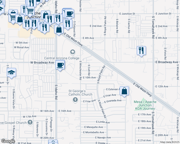 map of restaurants, bars, coffee shops, grocery stores, and more near 559 East 9th Avenue in Apache Junction