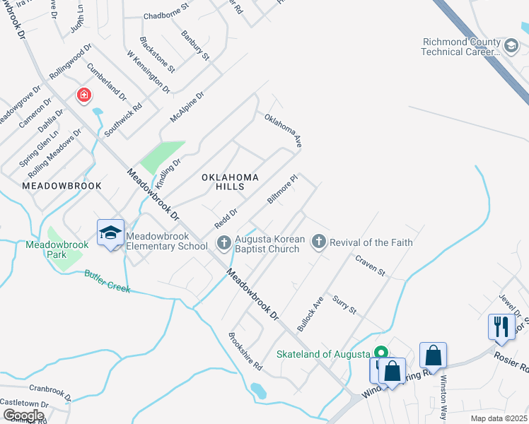 map of restaurants, bars, coffee shops, grocery stores, and more near 3520 Biltmore Place in Augusta