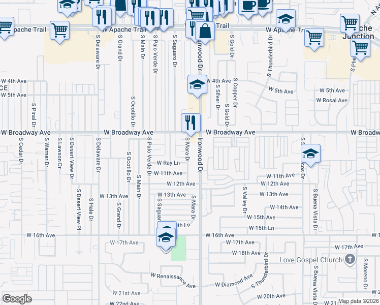 map of restaurants, bars, coffee shops, grocery stores, and more near 1005 South Mara Drive in Apache Junction