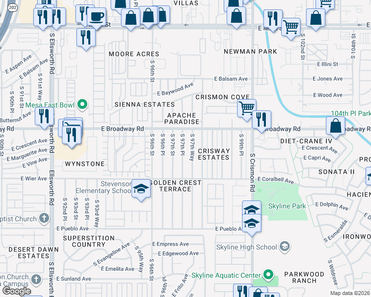 map of restaurants, bars, coffee shops, grocery stores, and more near 443 South 97th Place in Mesa