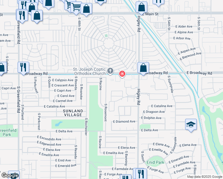 map of restaurants, bars, coffee shops, grocery stores, and more near 542 South Higley Road in Mesa