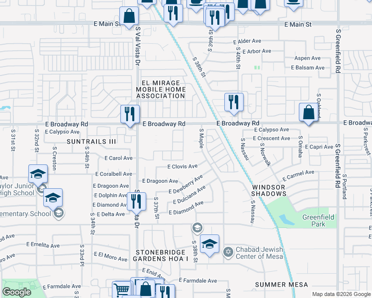 map of restaurants, bars, coffee shops, grocery stores, and more near South Val Vista Villas in Mesa