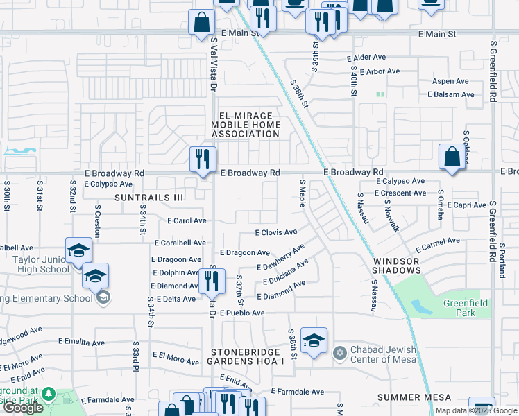 map of restaurants, bars, coffee shops, grocery stores, and more near 3755 East Broadway Road in Mesa