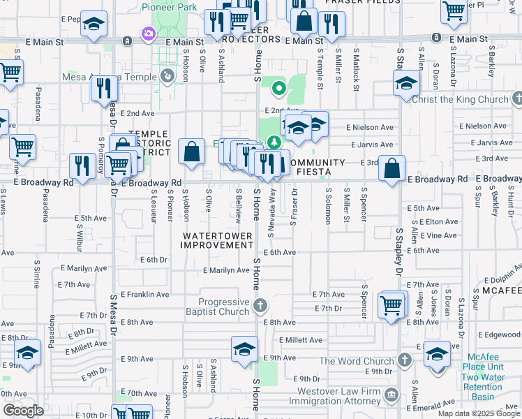 map of restaurants, bars, coffee shops, grocery stores, and more near 452 South Horne in Mesa
