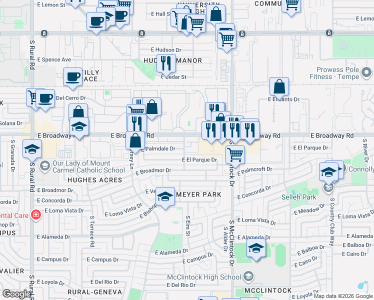 map of restaurants, bars, coffee shops, grocery stores, and more near 1536 East Palmdale Drive in Tempe