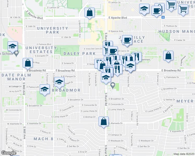 map of restaurants, bars, coffee shops, grocery stores, and more near 2020 South Rural Road in Tempe