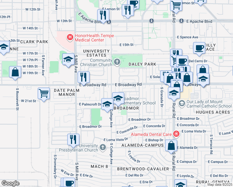 map of restaurants, bars, coffee shops, grocery stores, and more near 2025 South College Avenue in Tempe