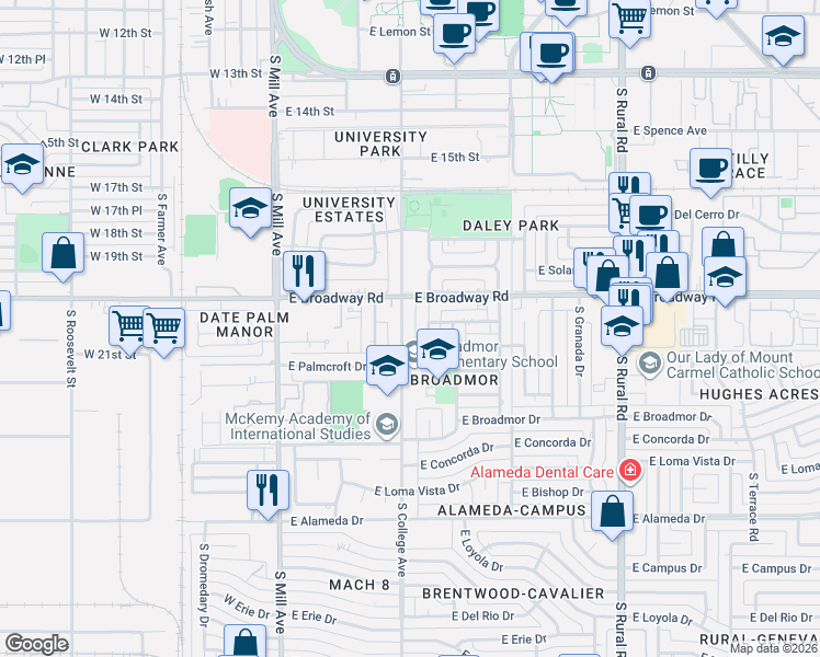 map of restaurants, bars, coffee shops, grocery stores, and more near 2025 South College Avenue in Tempe