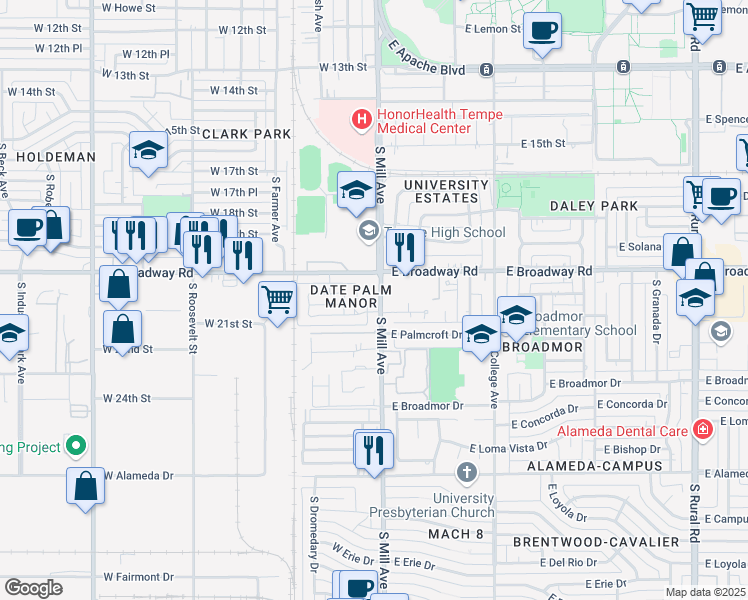 map of restaurants, bars, coffee shops, grocery stores, and more near 14 West Palmcroft Drive in Tempe
